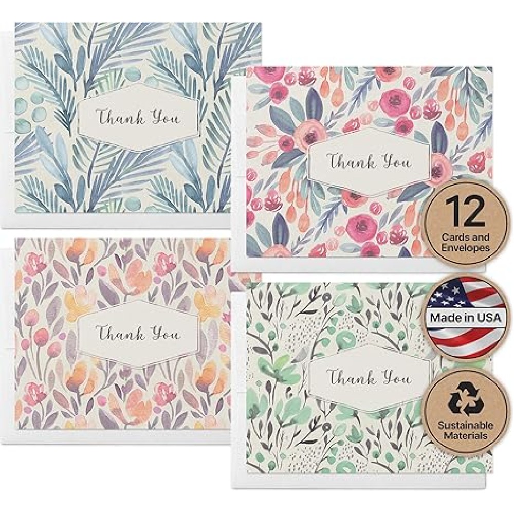 Twigs Paper Thank You Card Set - 12 Assorted Greeting Cards For All Occasions